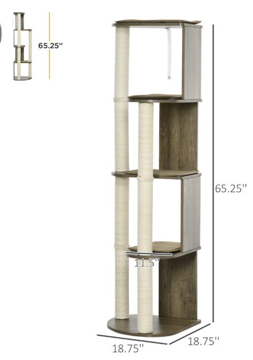 65" Corner Modern Cat Tree Tall for Climbing, Large Multilevel Cat Tower with Scratching Posts, Small-Fit Kitten Tower with Sisal, Cream White
