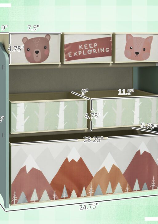 Toy Organizer with 6 Storage Bins, 25" x 12" x 26", Green