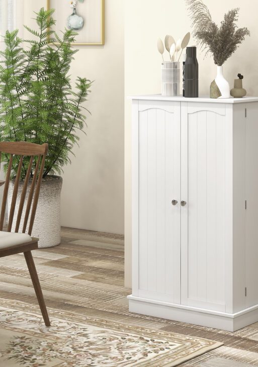 Freestanding Kitchen Pantry Cabinet, Kitchen Sideboard Cabinet with 12 Door Shelves, Double Doors, 5-tier Shelving, Paper White