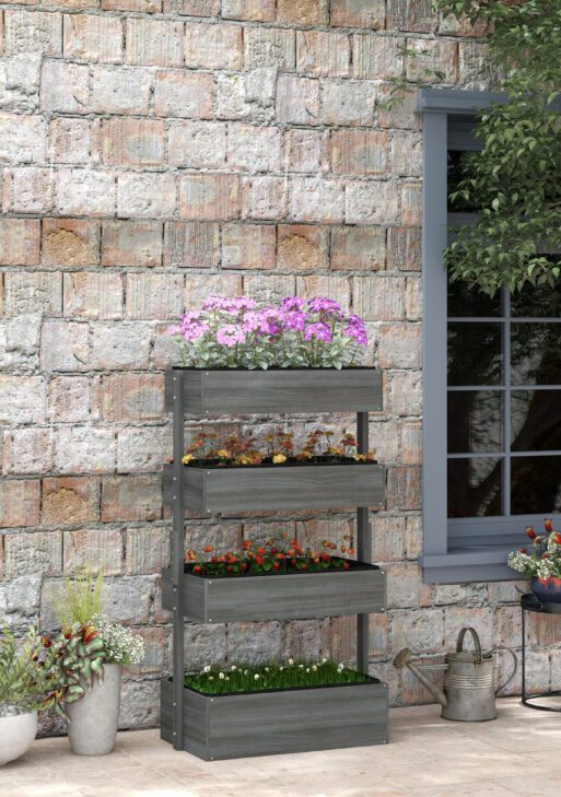 Outdoor Wooden Vertical Garden Planter, 4 Tier Planter Box, Self-Draining for Flowers, Vegetables, Herbs, Gray