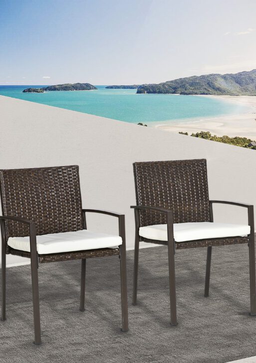 PE Rattan Outdoor Dining Chair Set with Cushion, 2 Patio Wicker Dining Chairs with Backrest, Cream White