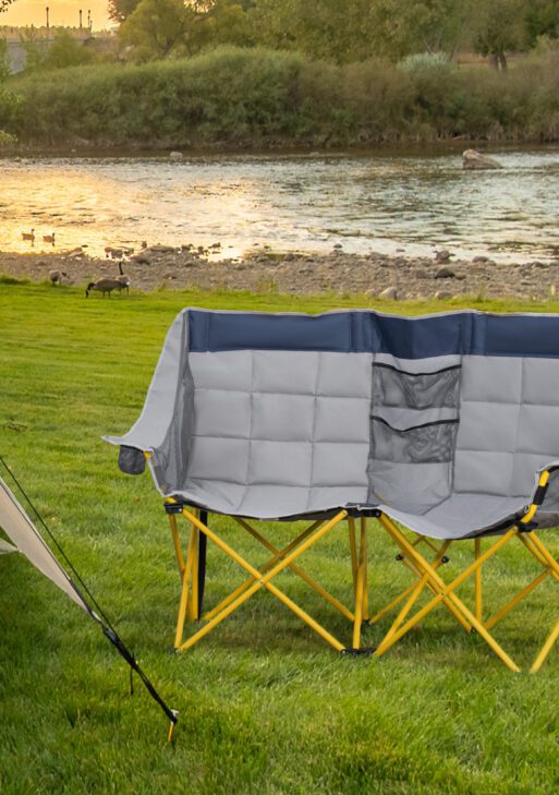 Loveseat Style Camping Chair, Oversized Folding Lawn Chair with Carry Bag & Cup Holders, for Outdoor, Beach, Picnic, Hiking, Travel, Navy Blue & Gray