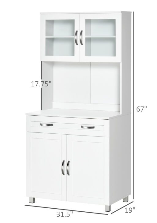 67" Buffet with Hutch, Modern Kitchen Pantry, Freestanding Storage Cabinet with Framed Glass Doors, Shelves and Drawers, White