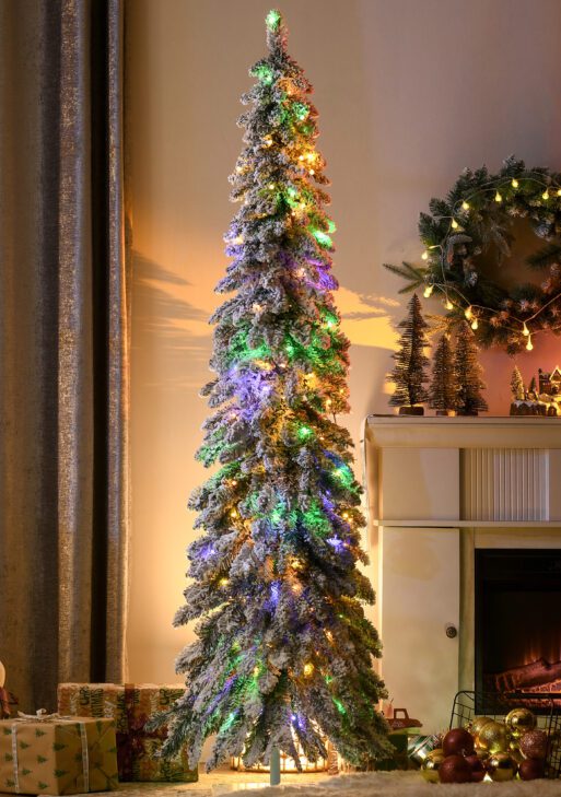 6' Artificial Slim Christmas Trees, with Snow Frosted Branches, Warm White or Colorful LED Lights, Downswept Shape