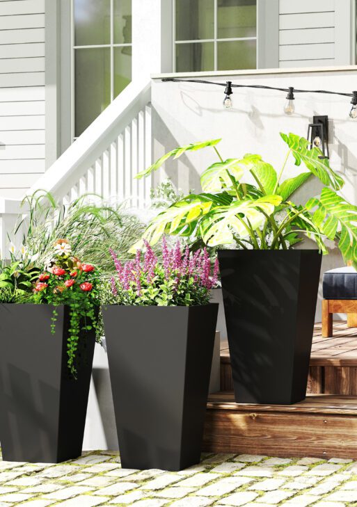 Tall Planters for Outdoor Plants Set of 3, 28 In Taper Planters with Drainage Holes, Indoor Grande Plant Pots, Front Porch Decor (Black)