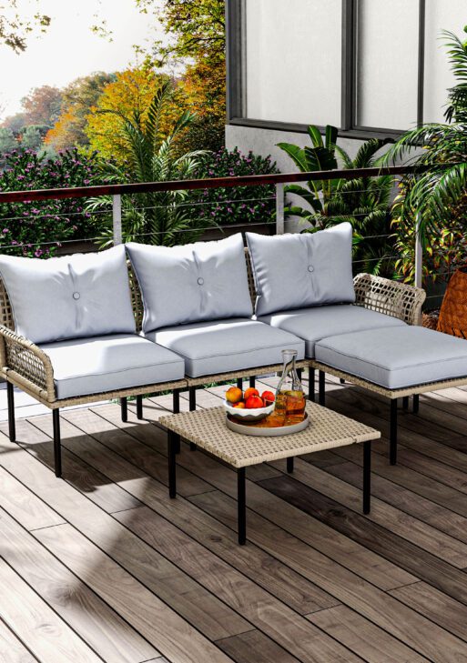 5-Piece Rattan Patio Furniture Set with Sofa, Chaise Lounge, Coffee Table, Footstools, Cushions, Light Gray