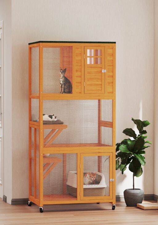 74" Wooden Outdoor Cat House Catio Outdoor Cat Enclosure, Orange
