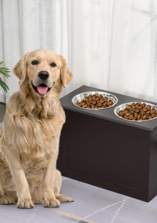 Raised Pet Feeding Storage Station with 2 Stainless Steel Bowls Base for Large Dogs and Other Large Pets, Coffee