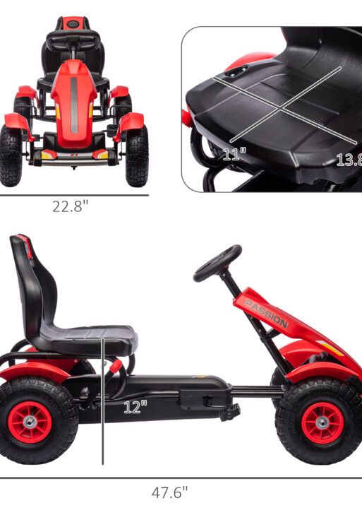 Kids Pedal Go Kart W/ Adjustable Seat, Rubber Wheels, Red