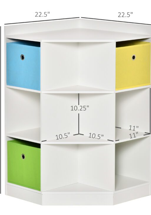 Kids Corner Cabinet, Cubby Toy Storage Organizer, Bookshelf Unit with Three Baskets for Playroom, Bedroom, Living Room, White
