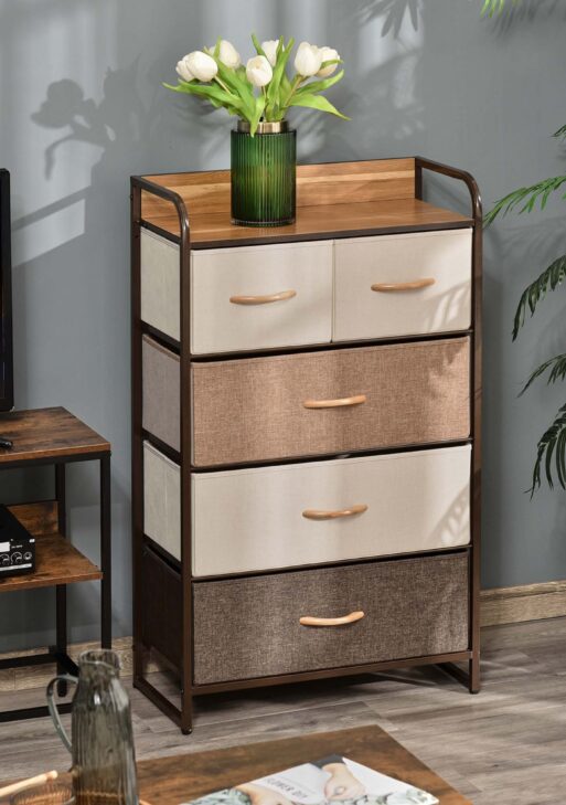 5-Drawer Fabric Dresser Tower, 4-Tier Storage Organizer with Steel Frame for Hallway, Bedroom, and Closet, Maple Wood