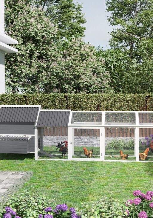 162" Large Chicken Coop Wooden for 6-8 Chickens with Handles, Outdoor Chicken Cage Hen House with 2 Nesting Boxes, Water-resistant Roof, Removable Tray, Ramp, Storm Gray