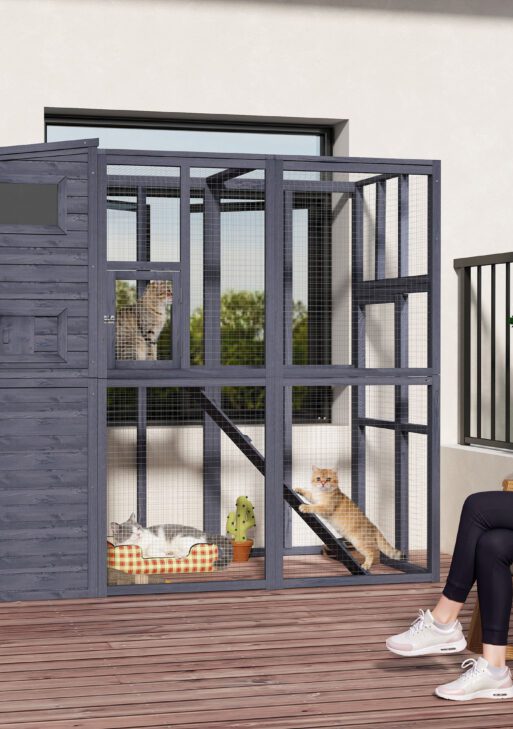 Wooden Outdoor Catio with Platforms, Asphalt Roof, Ramps, Gray