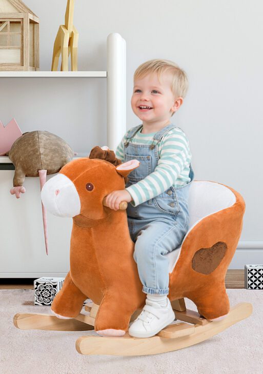 Kids Ride On Rocking Horse, Plush Animal Toy Sturdy Wooden Rocker with Songs for Boys or Girls