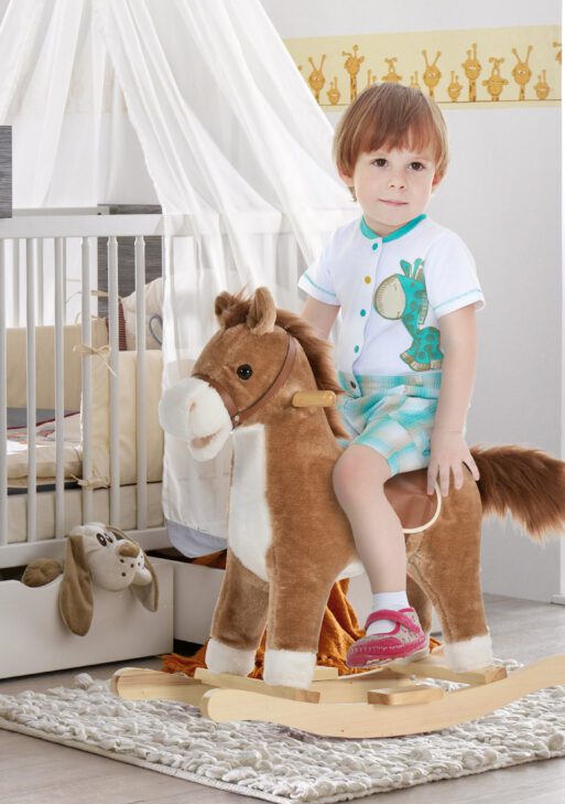 Rocking Horse Plush Animal on Wooden Rockers, Baby Rocking Chair with Sounds, Moving Mouth, Wagging Tail, Brown