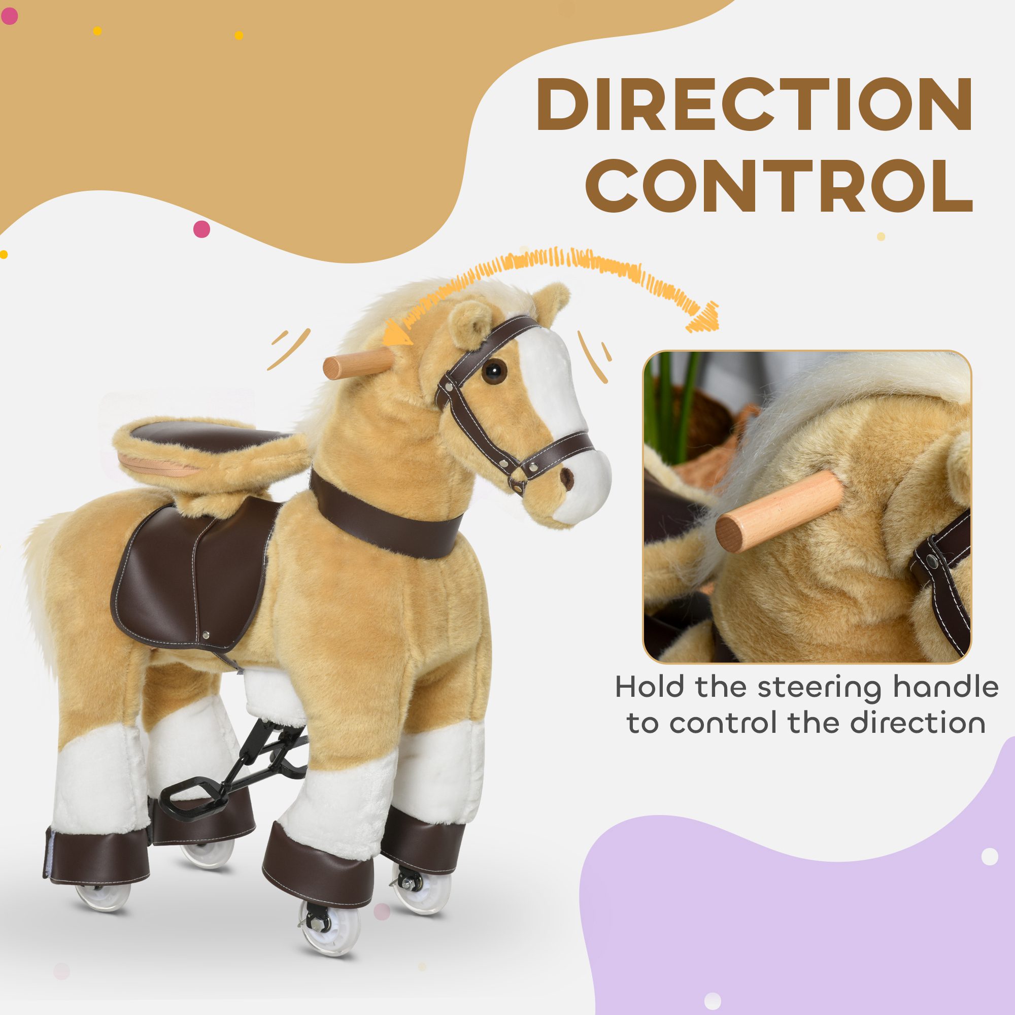 Ride on Horse, Plush Walking Horse Toy, Kids Riding Chair with Wheels for Kids 3-8 Years, Light Brown - Image 3