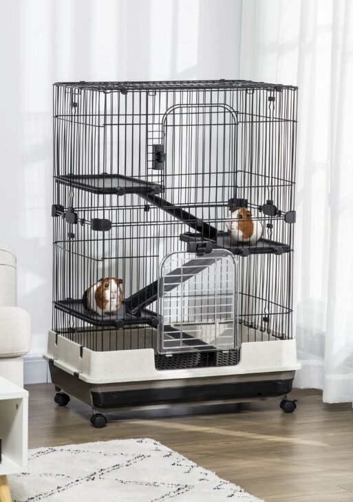 32"L 4-Level Small Animal Cage Rabbit Hutch with Universal Lockable Wheels, Slide-out Tray for Bunny, Chinchillas, Ferret, Black