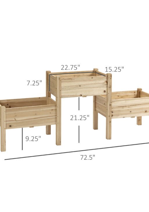 Raised Garden Bed with 3 Planter Box, Elevated Wooden Plant Stand with Drainage Holes, for Vegetables, Herb and Flowers, Natural