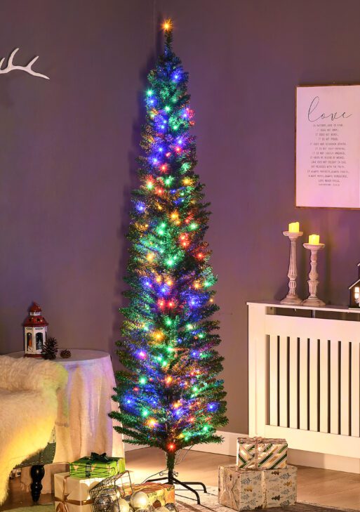 7' Artificial Pencil Christmas Trees Holiday Decoration with Colorful LED Lights, Steel Base, Skinny Shape