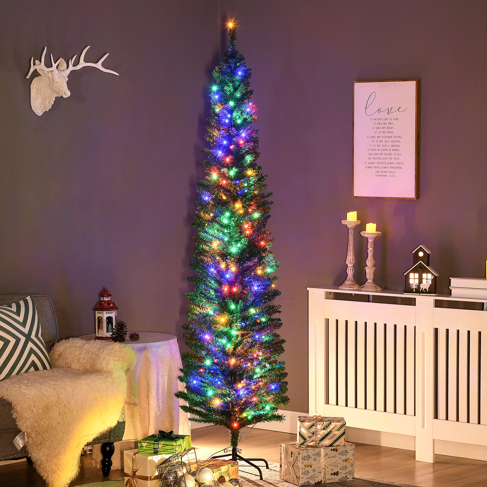 7' Artificial Pencil Christmas Trees Holiday Decoration with Colorful LED Lights, Steel Base, Skinny Shape