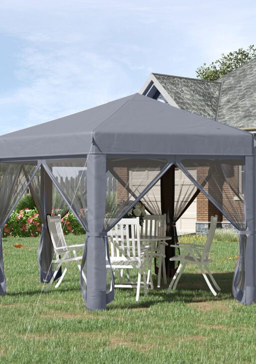 13' x 11' Hexagonal Pop Up Gazebo, Heavy Duty Outdoor Canopy Tent with 6 Mesh Sidewall Netting, 3-Level Adjustable Height and Strong Steel Frame, Gray