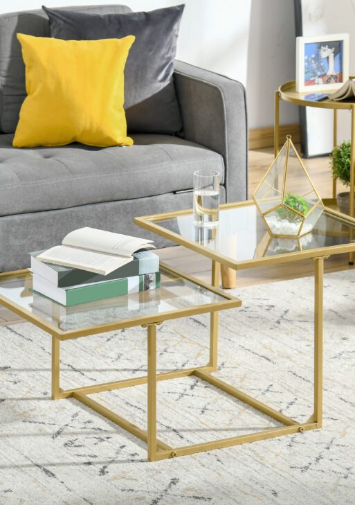 Coffee Table, Tempered Glass Coffee Table with 2 Square Tabletops, Modern Coffee Tables for Living Room, Bedroom, Gold