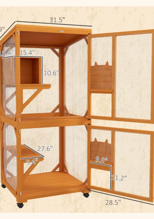 Large Cat House for 1-3 Cats on Wheels Wooden Catio Enclosure Orange
