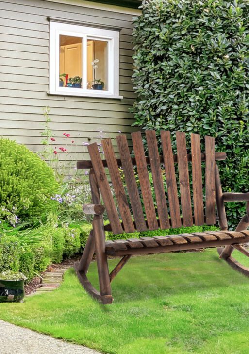 Outdoor Wooden Rocking Chair, Double-Person Adirondack Rocking Patio Chair with Rustic High Back, Slatted Seat and Backrest for Indoor, Backyard, Garden, Carbonized