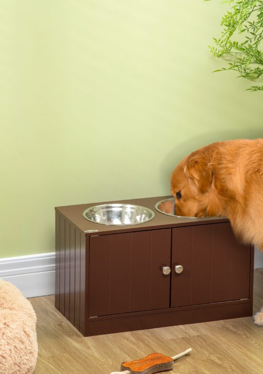 Elevated Dog Bowls with Storage Cabinet, Raised Dog Bowl Stand Pet Food Bowl Dog Feeding Station, Brown