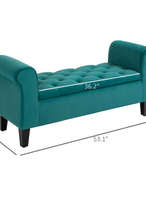 Button-Tufted Storage Ottoman Bench, Upholstered Bench with Rolled Armrests for Living Room or Hallway, Green