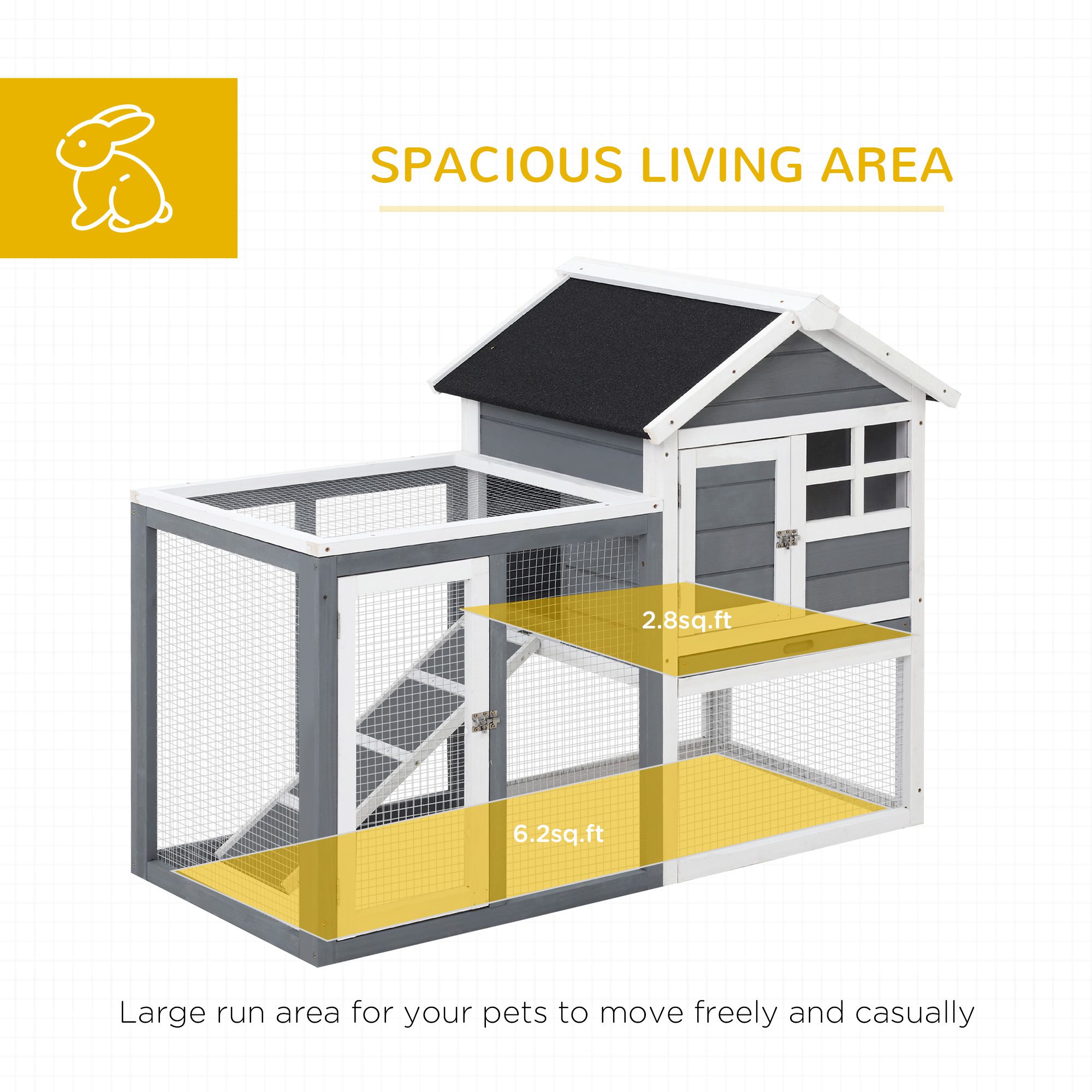 Indoor Rabbit Enclosure, 48" Weatherproof Wooden Rabbit Hutch, with Slanted Asphalt Roof & Fun Outdoor Run for Bunnies & Ferrets - Gray - Image 2