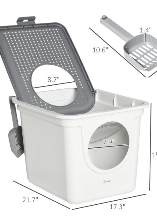 Covered Cat Litter Box, Easy Cleaning Kitty Litter Box with Front Entrance, Top Exit, Scoop, for Odor Control, White