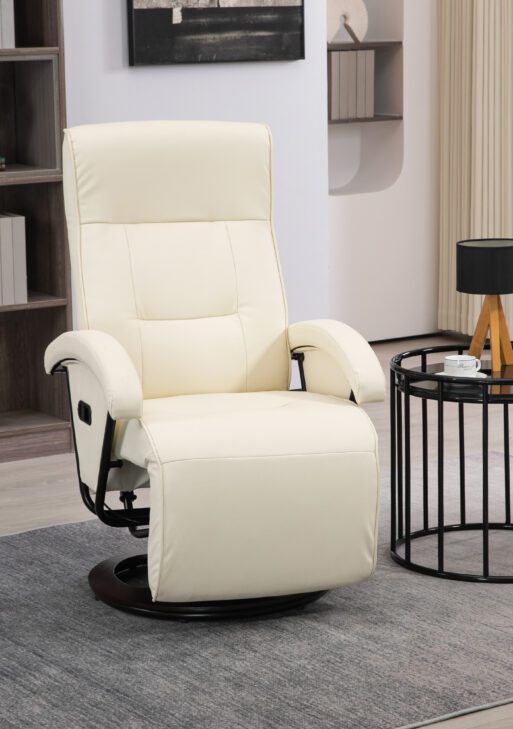 PU Recliner with Footrest, Lounge Chair with 135° Adjustable Backrest, Swivel Wood Base, Padded Seat & Armrests for Living Room, Bige