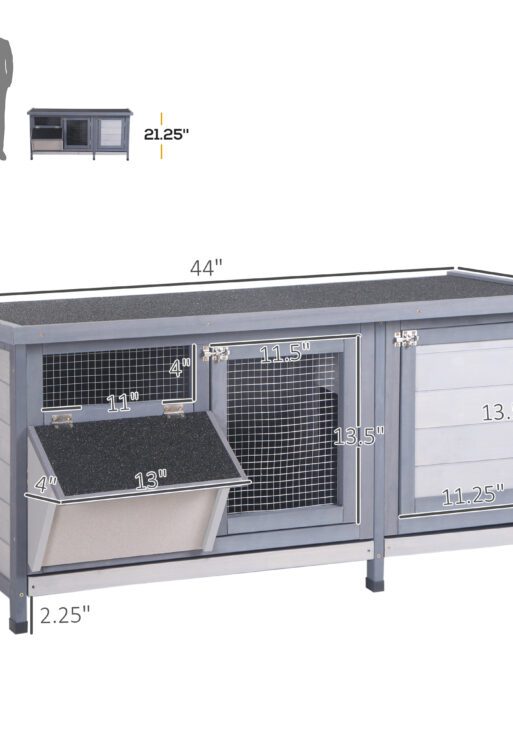 Wooden Rabbit Hutch Bunny Hutch Cage Guinea Pig with Waterproof Roof, No Leak Tray and Feeding Trough, for Rabbits, Chickens, Ducks, Indoor/Outdoor, Gray