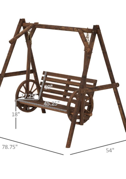 2-Seat Porch Swing with A-Frame Stand, Wooden Log Patio Swing Chair Bench with Wagon Wheel Armrests, Carbonized Brown