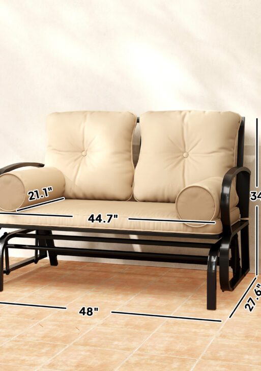 Swing Glider Rocking Chair, Double Patio Bench, 2 Person Loveseat with Steel Frame, Cushions, Pillow Armrests, Khaki