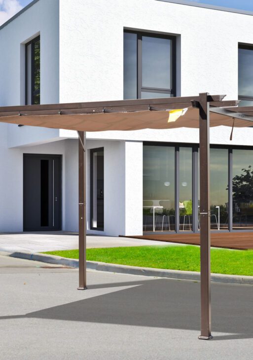 10' x 10' Outdoor Pergola Aluminum Gazebo w/ Retractable Canopy for Patio, Backyard, Party, Brown