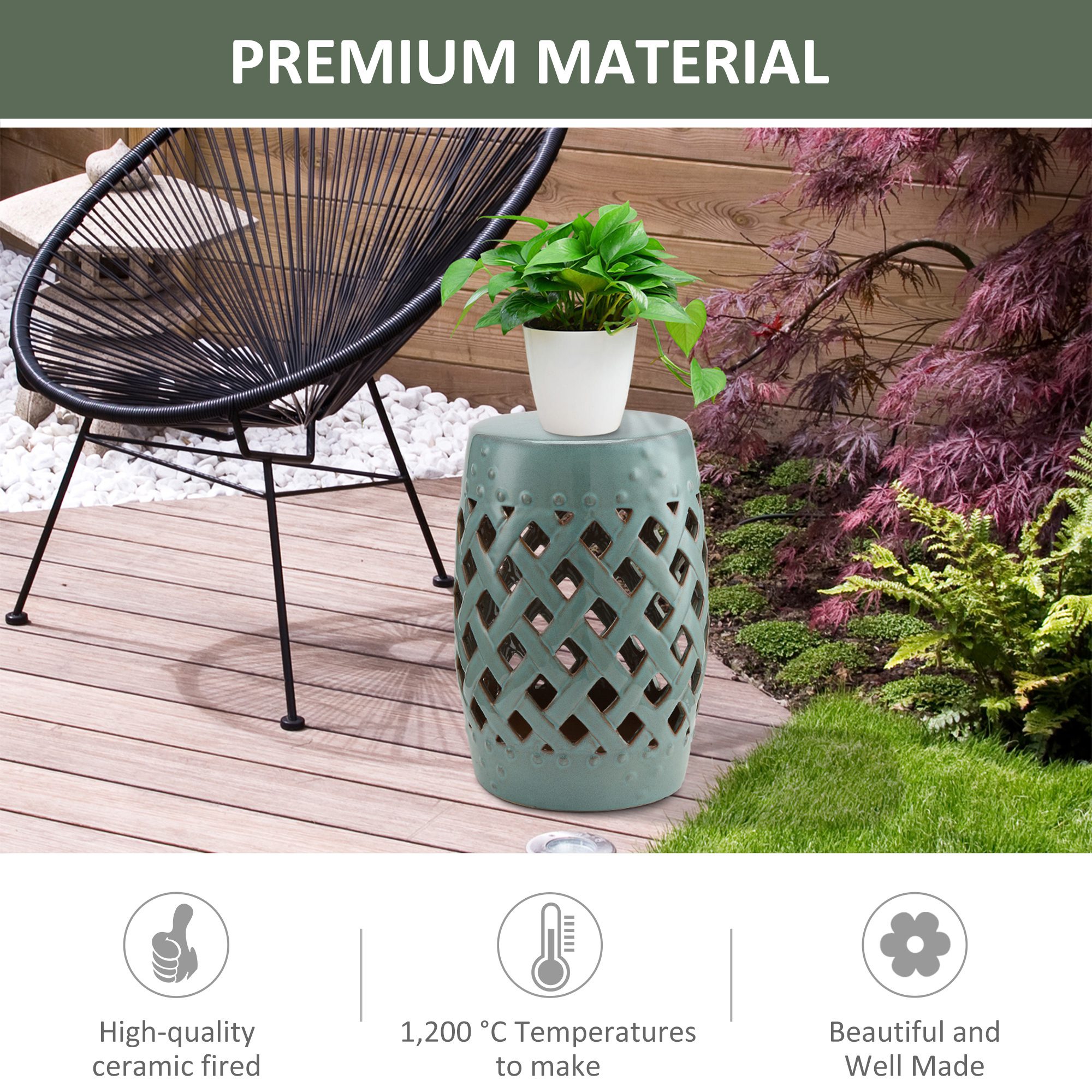 13" x 18" Ceramic Garden Stool with Woven Lattice Design & Glazed Strong Materials Decorative End Table, Antique Blue - Image 2