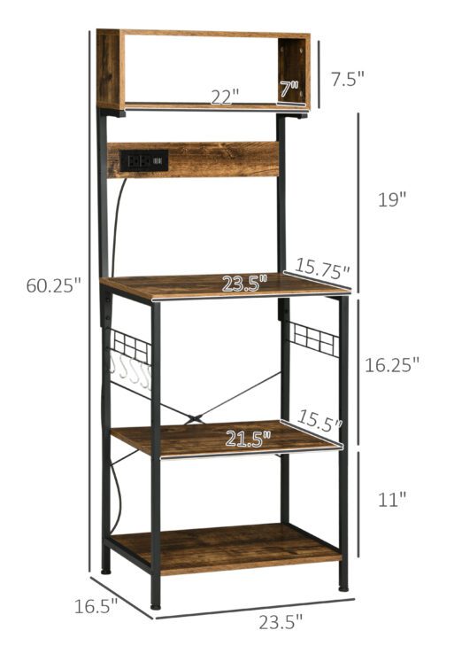 Kitchen Bakers Rack with Power Outlet, USB Charger, Microwave Stand, Coffee Bar with Adjustable Shelves, 5 Hooks for Spices, Pots and Pans, Rustic Brown