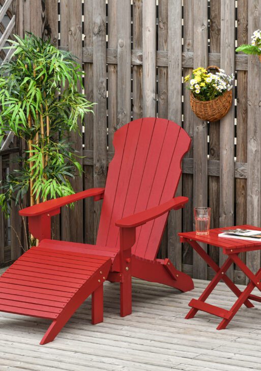 3-Piece Folding Adirondack Chair with Ottoman and Side Table, Outdoor Wooden Fire Pit Chairs w/ High-back, Wide Armrests for Patio, Backyard, Garden, Lawn Furniture, Red