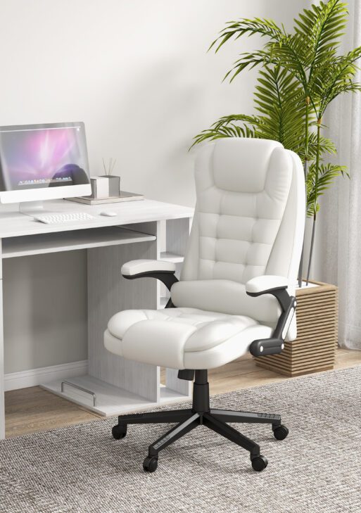 Massage Office Chair, Heated Reclining Computer Chair with 6 Vibration Points, Armrest and Remote, White
