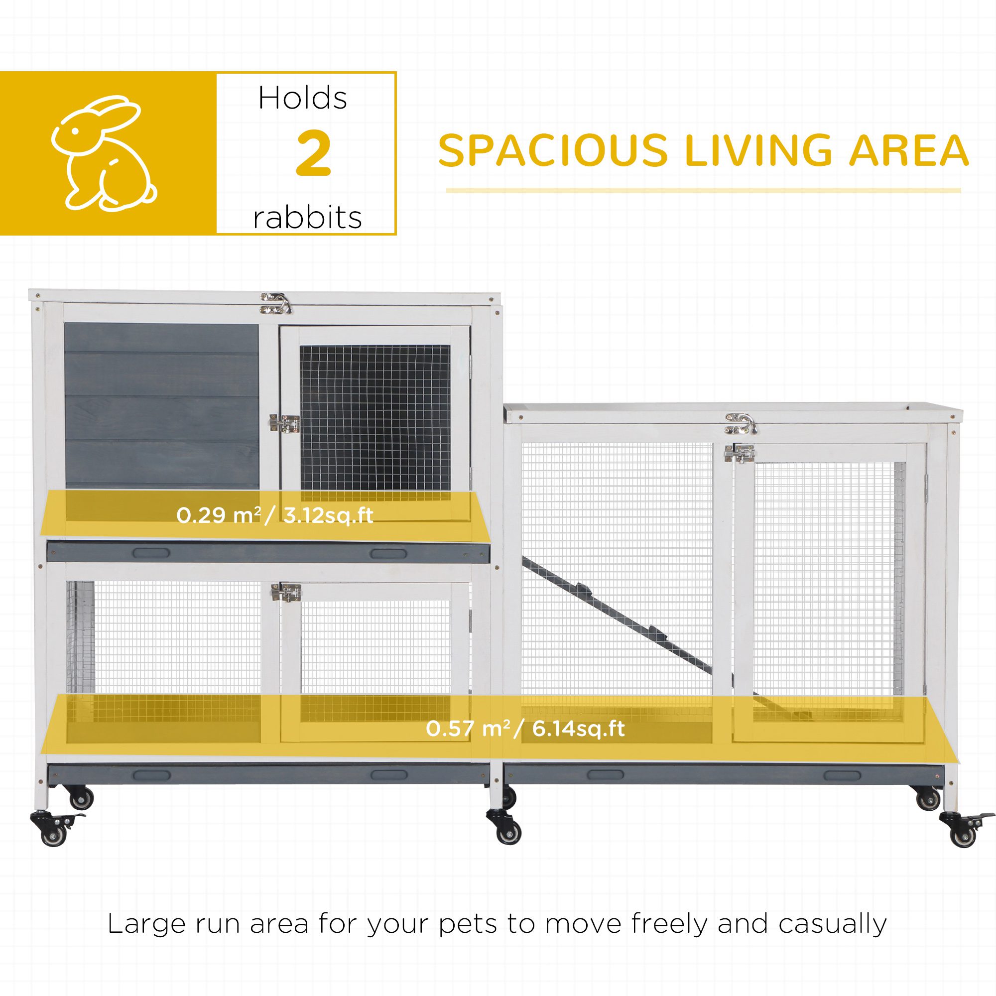 Wooden Rabbit Hutch Bunny Hutch Elevated Pet House Cage Small Animal Habitat with No Leak Tray Lockable Door Openable Top for Rabbits, Chickens, Ducks, Indoor 57.75" x 18" x 32.5" Gray - Image 2