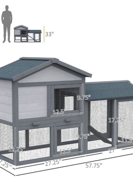 58" Large Rabbit Hutch Outdoor Indoor, Wooden Bunny Hutch, Guinea Pig Cage with Run, Removable Tray, Asphalt Roof, Lockable Doors and Ramp, for 1-2 Small Rabbits, Chickens, Ducks, Dark Gray