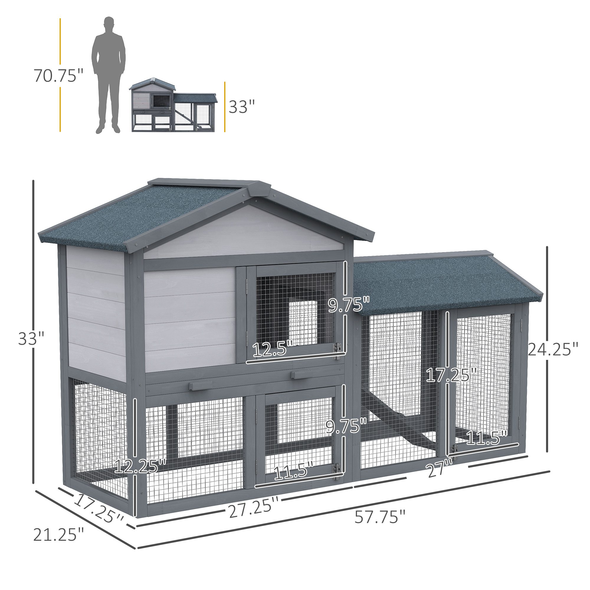58" Large Rabbit Hutch Outdoor Indoor, Wooden Bunny Hutch, Guinea Pig Cage with Run, Removable Tray, Asphalt Roof, Lockable Doors and Ramp, for 1-2 Small Rabbits, Chickens, Ducks, Dark Gray - Image 1