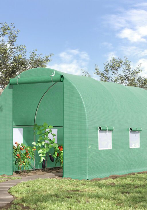 15' x 7' x 7' Walk-in Tunnel Hoop Greenhouse, Green House for Outside with PE Cover, Steel Frame, Roll-Up Zipper Door & Windows for Flowers, Vegetables, Tropical Plants, Green
