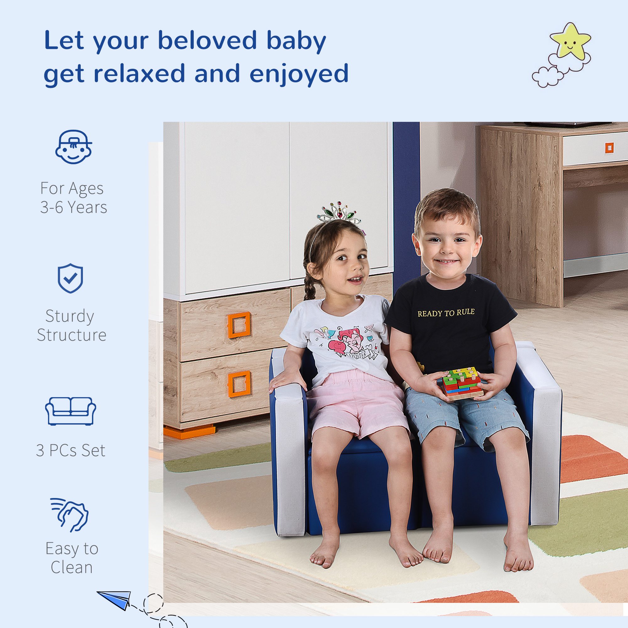 Kids Sofa Set 2-in-1 Multi-Functional Toddler Table Chair Set 2 Seat Couch Storage Box Soft Sturdy Blue - Image 3