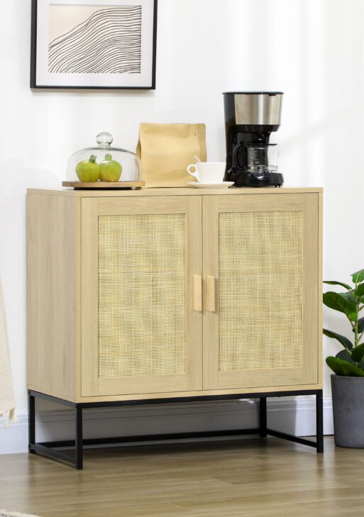 Sideboard Cabinet with Rattan Doors, Adjustable Shelf, Metal Base, Storage Cabinet for Living Room, Bedroom, Kitchen,