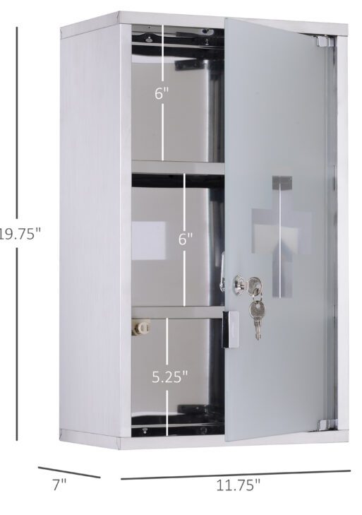 12" x 20" Lockable Medicine Cabinet, 3 Tier Stainless Steel Medical Wall Box with 2 Keys and Shelves for Bathroom