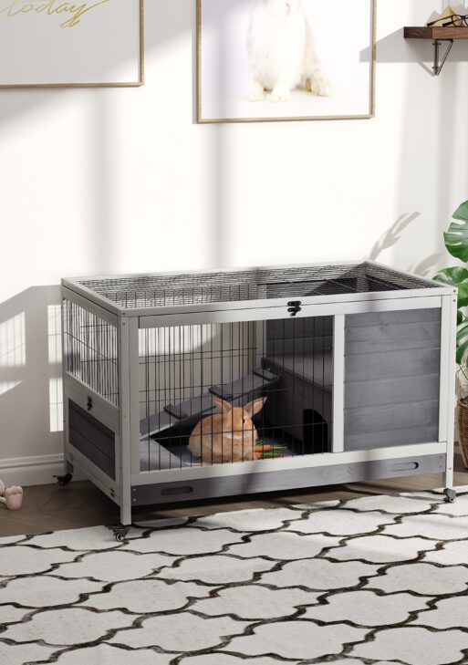 Indoor Rabbit Enclosure, Wooden Elevated Cage Habitat with Enclosed Run with Wheels - Ideal for Rabbits and Guinea Pigs