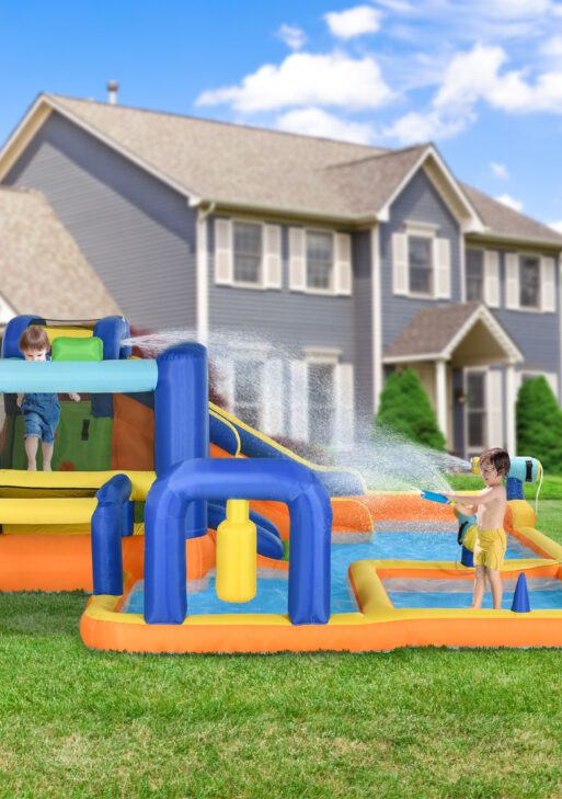7 in 1 Water Slide w/ Slide Pool Climbing Wall Water Cannon Basketball Hoop Boxing Post Football Stand for 3-8 Years